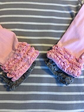 Ruffle Butts 2 Gray & White Striped and Pink Long-Sleeve Tops with Ruffle Cuffs